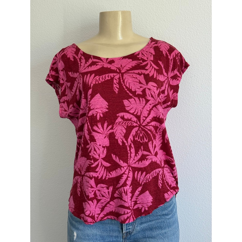 Cynthia Rowley 100% Linen Palm Tree Tee Pink Burgundy Cap Sleeve Tropical M